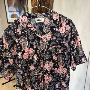 Elegant Women's Floral Paisley Pantsuit - Pink and Navy